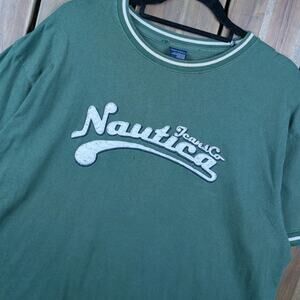 Nautica Jeans Vintage Y2K Embroidered Script Ringer Distressed T-shirt Large